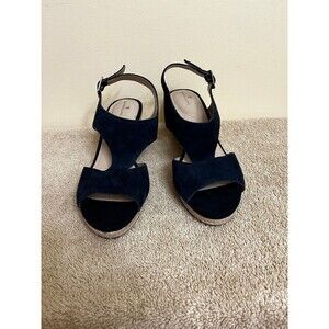 Bandolino Suede T Strap Espadrille Wedge Sandals Natasha Navy Size 8M